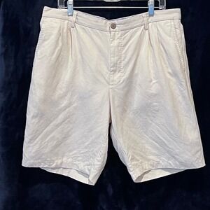 Tommy Bahama Mens 36 Shorts Cream Silk Linen Blend Pleated Marlin Logo Off White